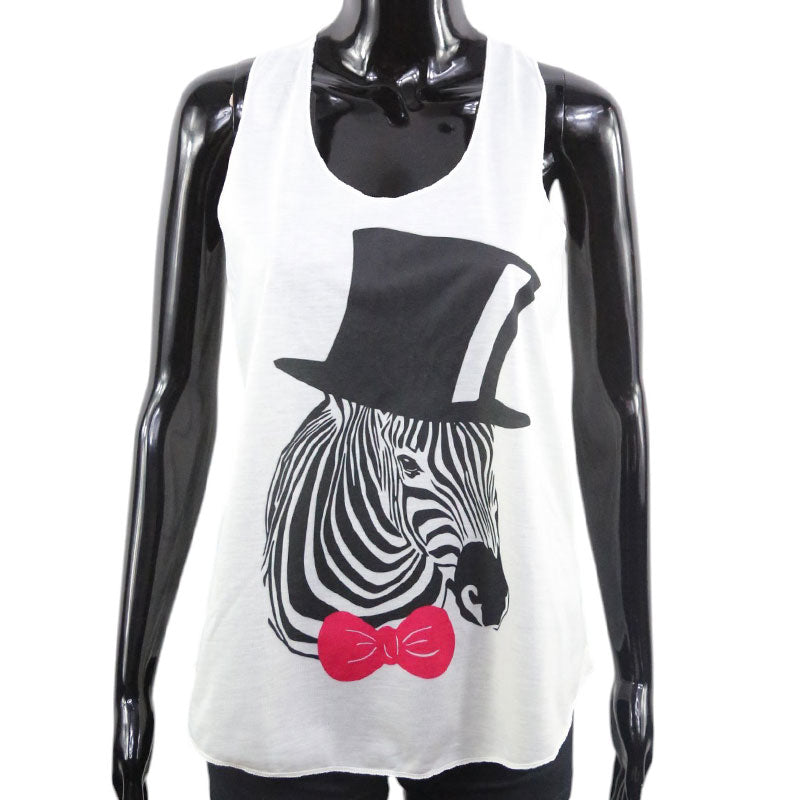 Damen Top Weiß – Zebra mit Hut und roter Fliege