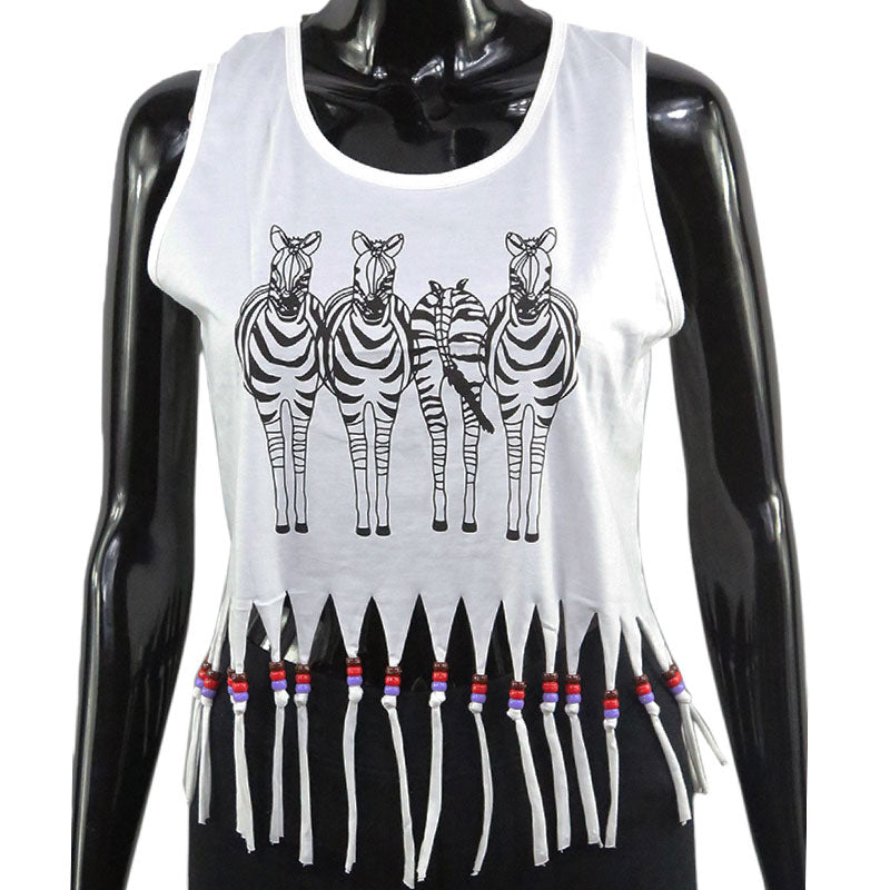 Damen Crop Top mit Zebra-Print – Weißes Fransen-Shirt mit Perlen