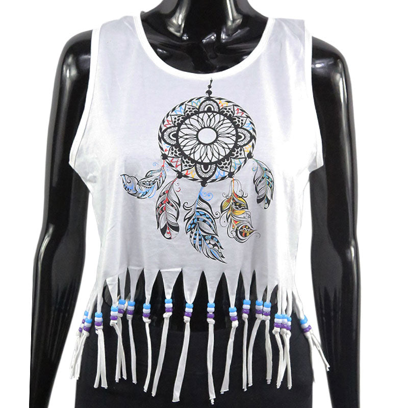 Damen Crop Top mit Traumfänger-Print und Fransen – Sommer Tanktop Weiß