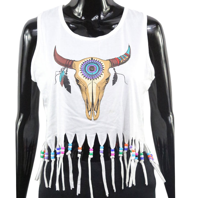 Boho Crop Top mit Stier-Schädel Print und Fransen – Festival Style