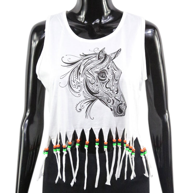 Boho Crop Top mit Tribal Pferde-Print und Fransen – Festival Shirt Damen