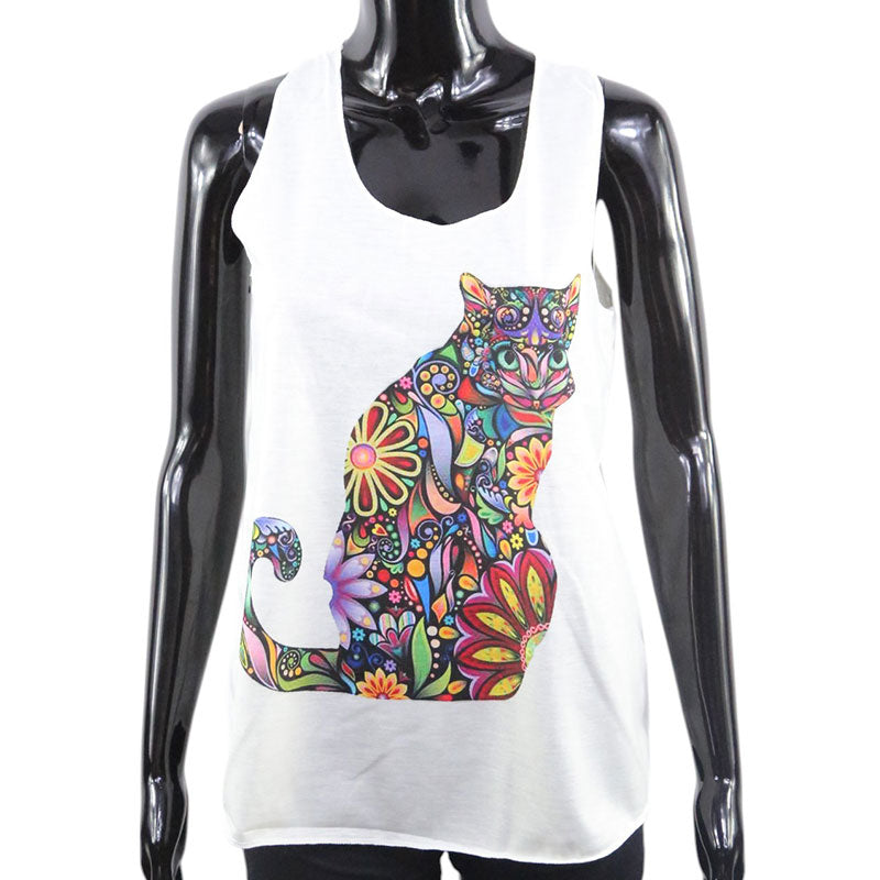 Damen Top Weiß – Bunte Katze mit Blumenmuster