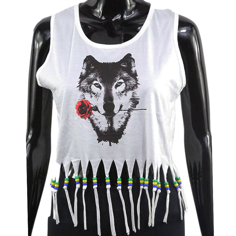 Damen Crop Top mit Wolf und Rose – Weißes Fransen-Shirt mit Print