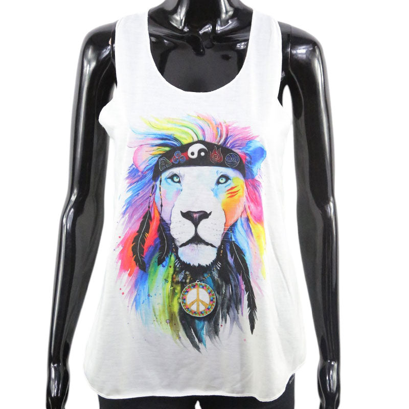 Boho Tanktop mit bunter Löwen-Mähne und Peace-Symbol – Damen Hippie Shirt