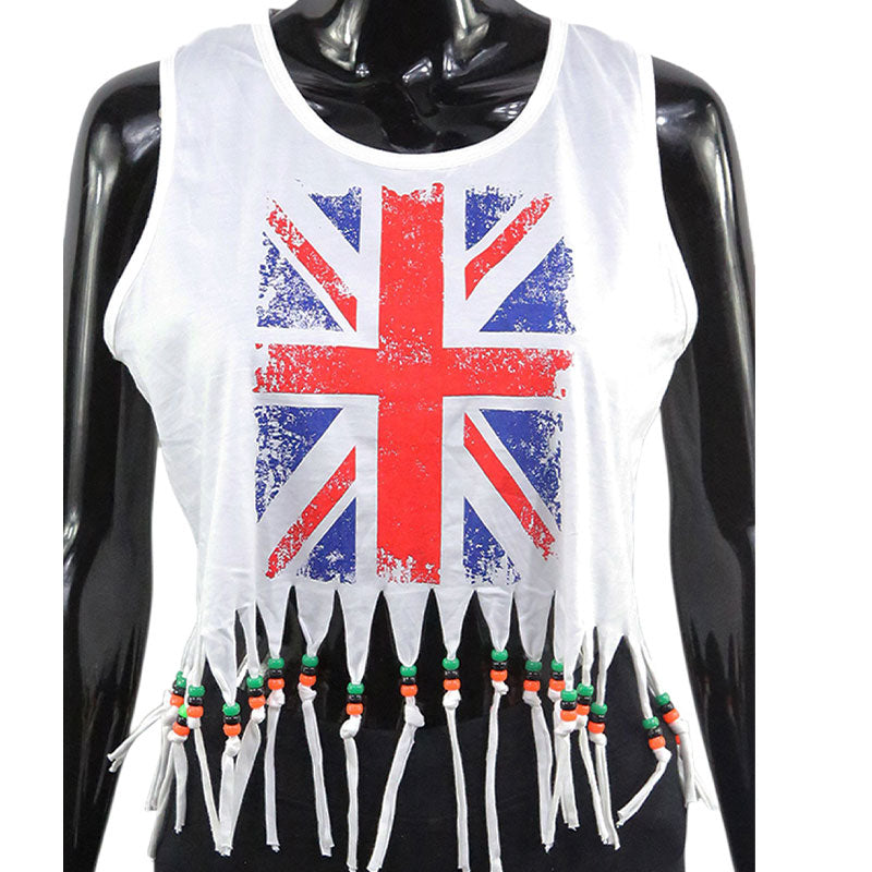 Damen Crop Top mit UK-Flagge und Fransen – Festival Tanktop Weiß
