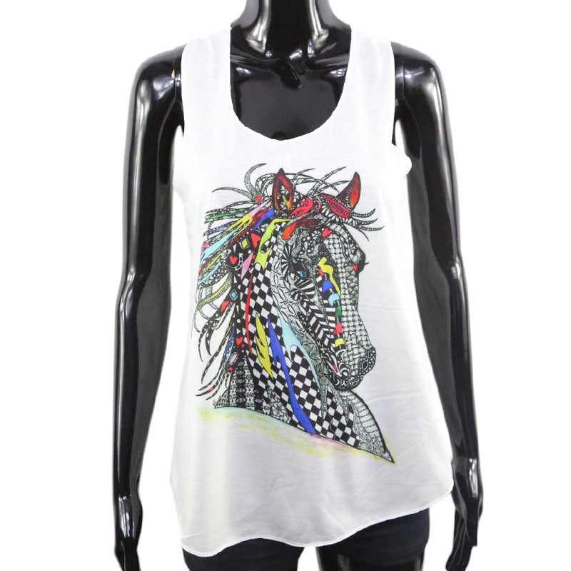 Damen Tanktop mit buntem Pferdekopf-Design – Künstlerisches Ethno-Muster