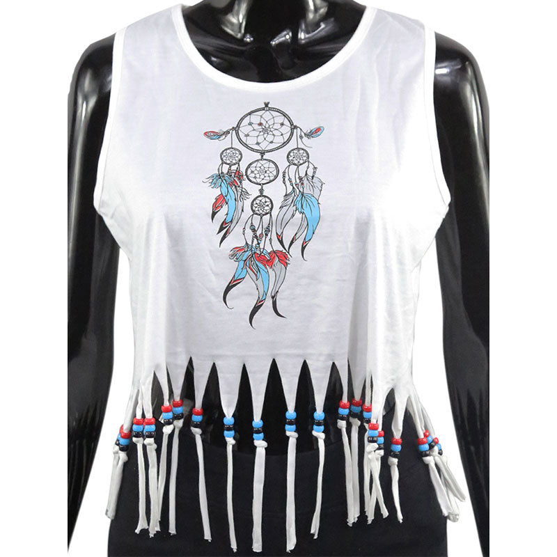 Damen Crop Top mit Dream Spirit-Print – Weißes Fransen-Shirt mit Perlen