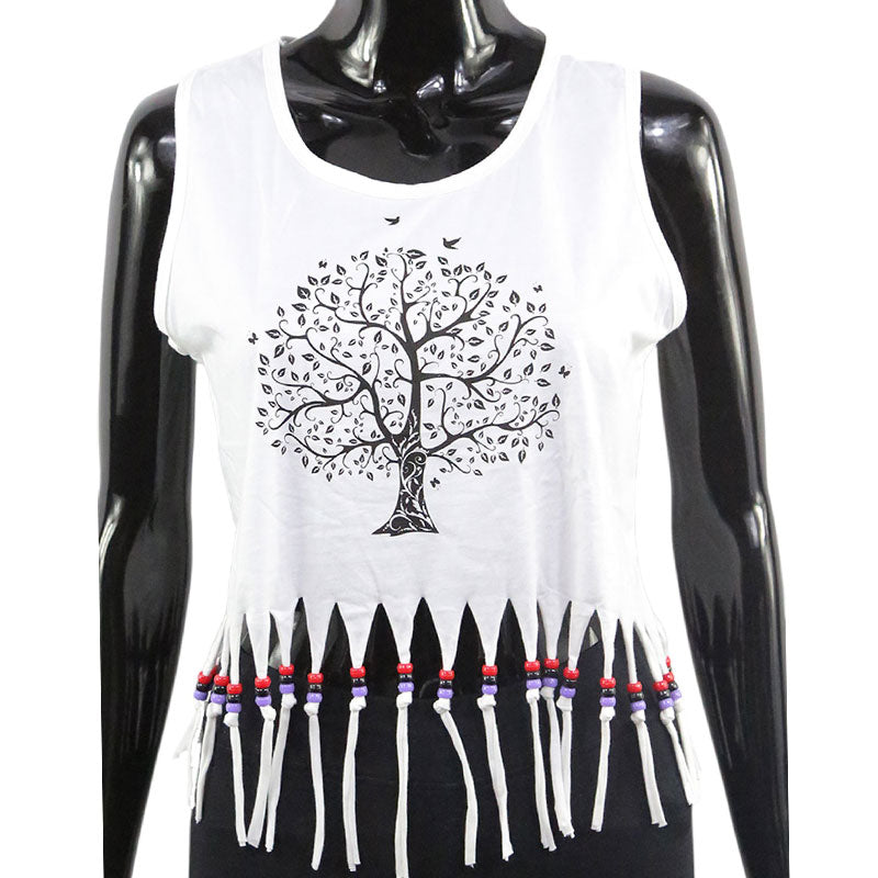 Damen Damen Crop Top mit Lebensbaum-Print und Fransen – Sommer Tanktop Weiß