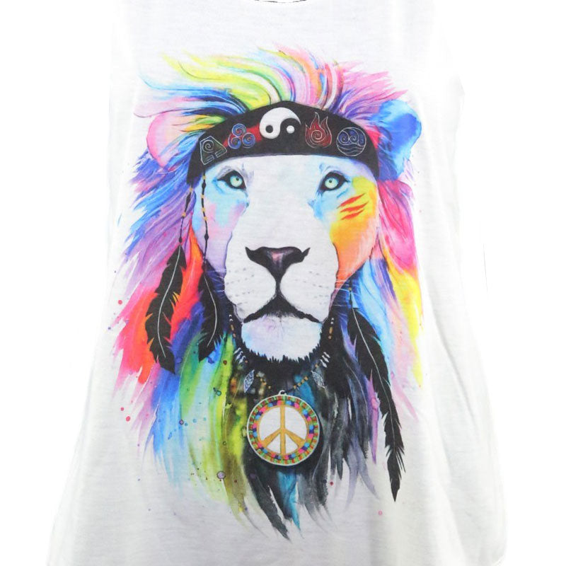 Boho Tanktop mit bunter Löwen-Mähne und Peace-Symbol – Damen Hippie Shirt