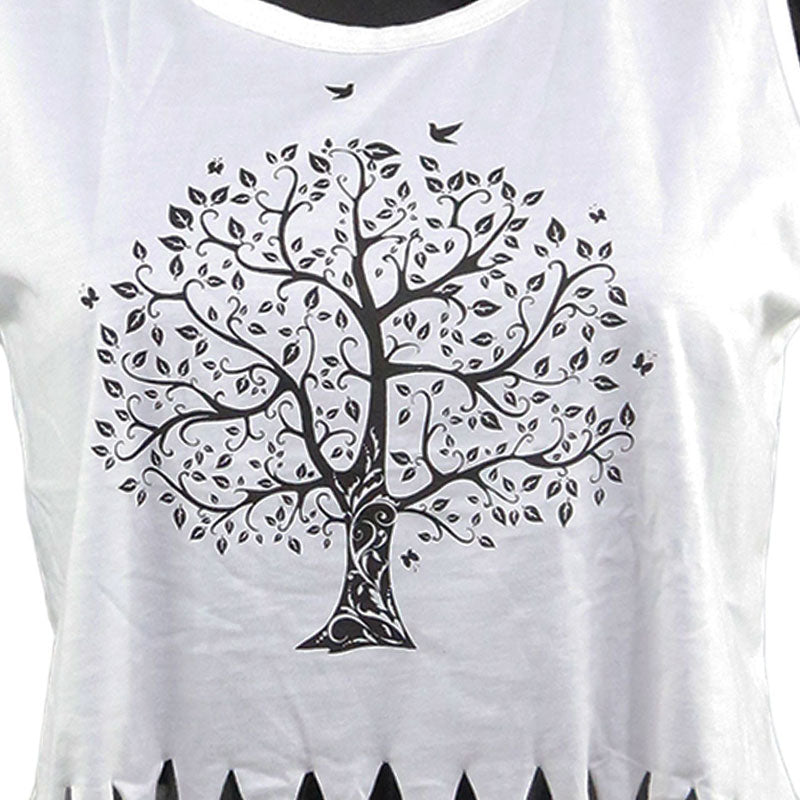 Damen Damen Crop Top mit Lebensbaum-Print und Fransen – Sommer Tanktop Weiß