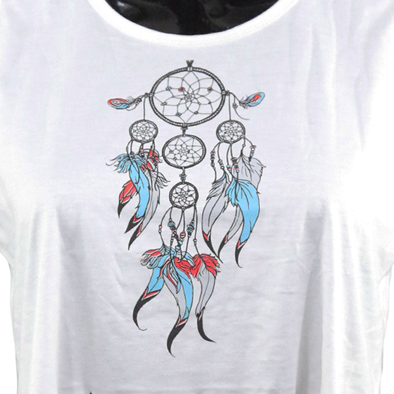 Damen Crop Top mit Dream Spirit-Print – Weißes Fransen-Shirt mit Perlen