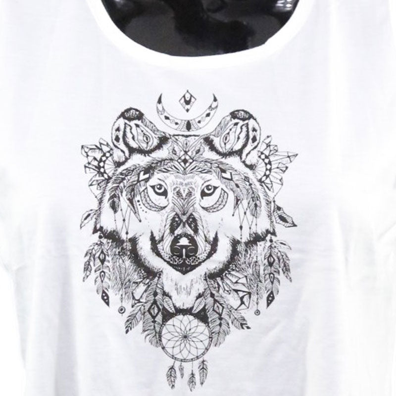 Boho Crop Top mit Wolf-Print, Traumfänger & Fransen – Festival Damen Tanktop