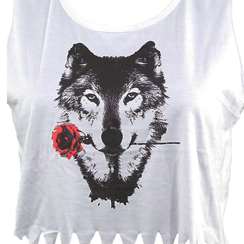 Damen Crop Top mit Wolf und Rose – Weißes Fransen-Shirt mit Print