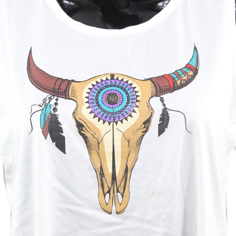 Boho Crop Top mit Stier-Schädel Print und Fransen – Festival Style