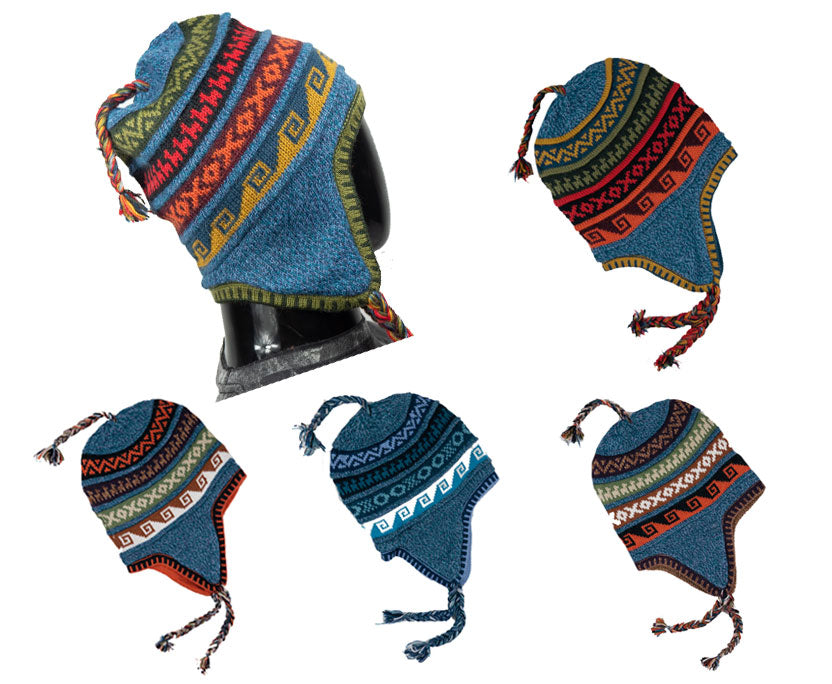 Alpaka Mütze 2in1 (Chullo) Denim Blau marmoriert mit diversen farbigen Mustern