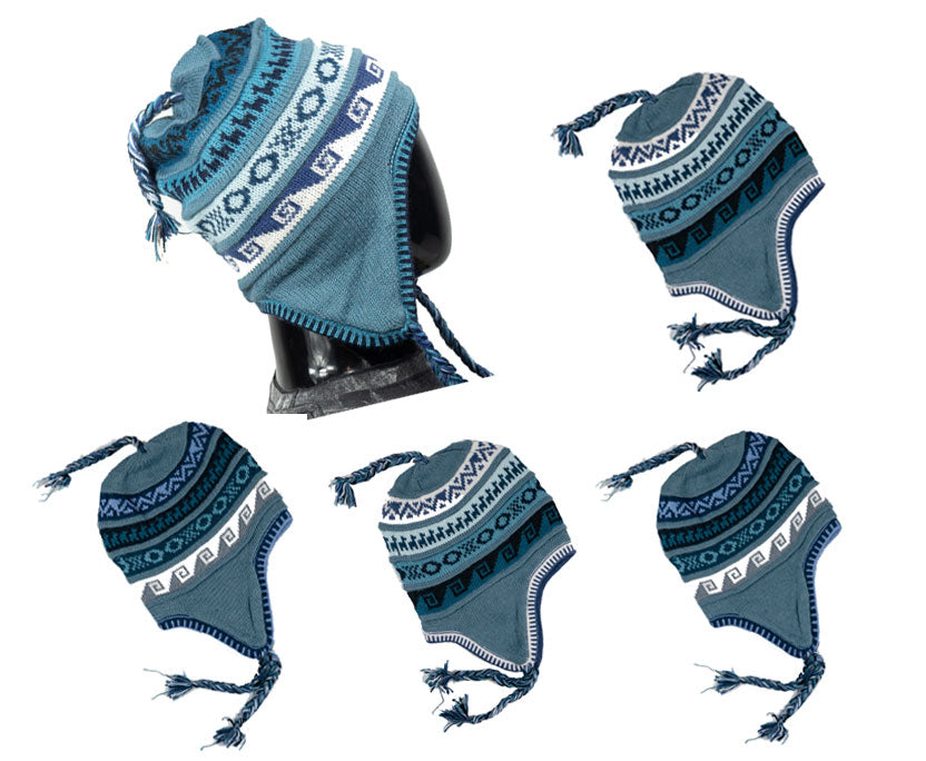 Alpaka Mütze 2in1 (Chullo) Blaugrau mit diversen bläulichen Mustern