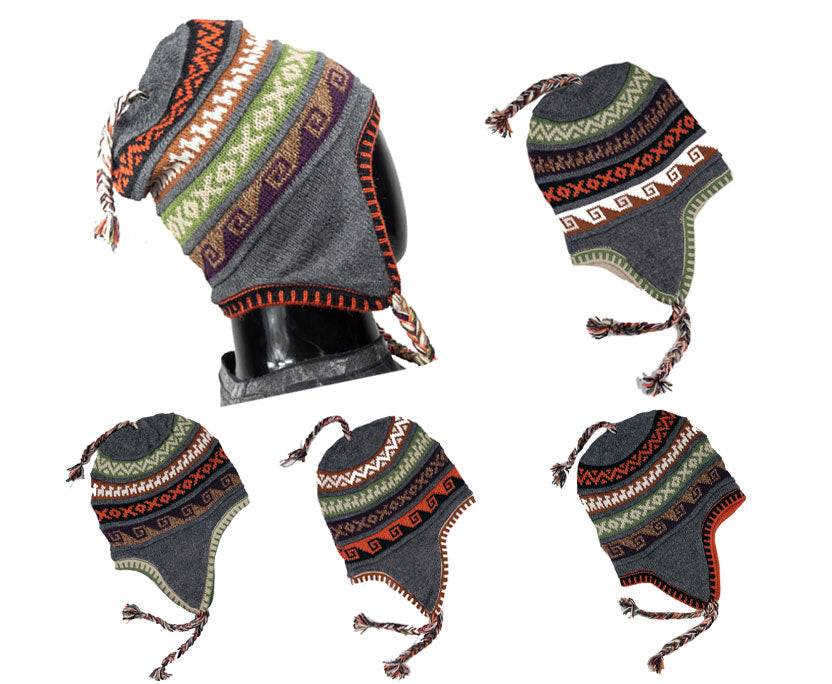Alpaka Mütze 2in1 (Chullo) Grau mit diversen farbigen Mustern