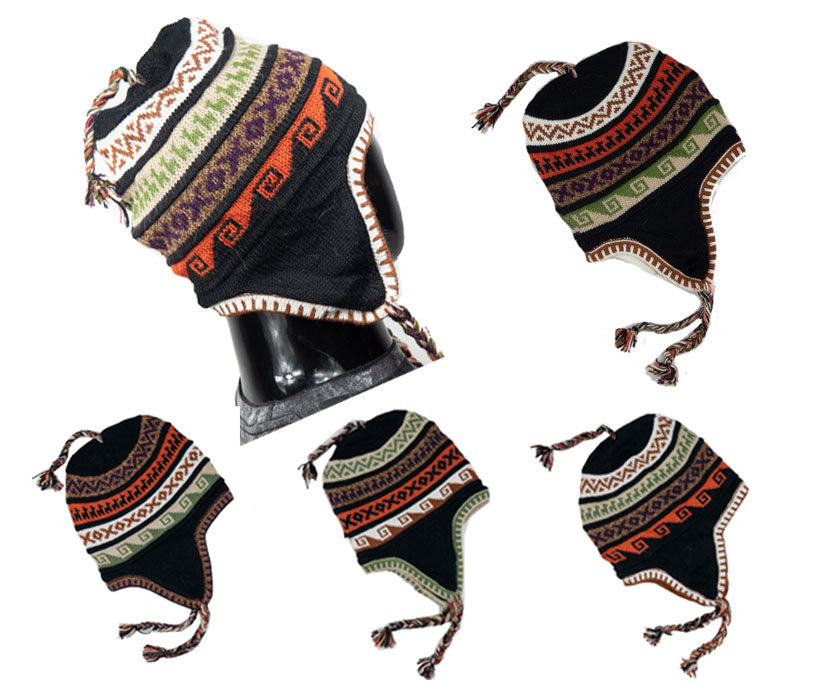 Alpaka Mütze 2in1 (Chullo) schwarz mit diversen farbigen Mustern