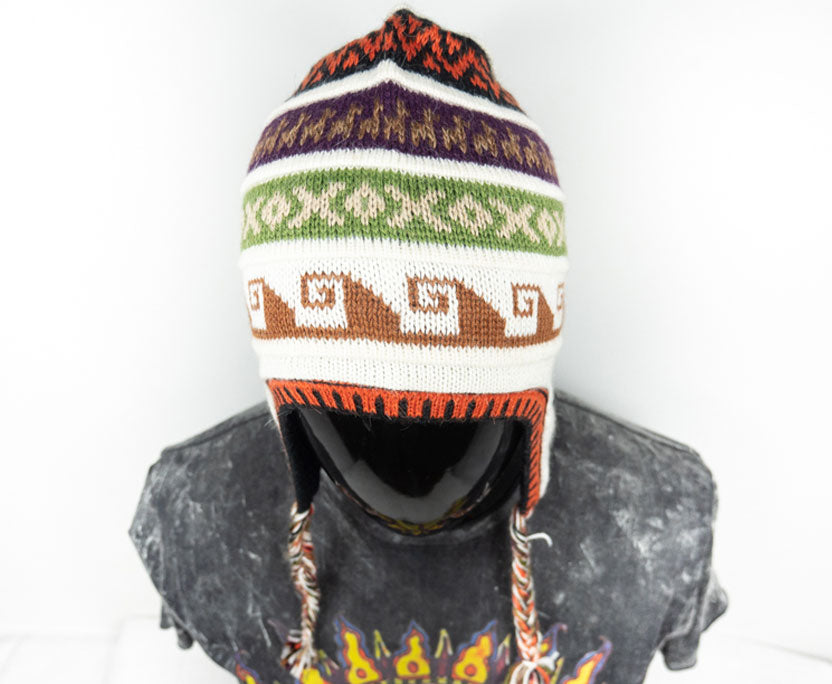 Alpaka Mütze 2in1 (Chullo) Weiß mit diversen farbigen Mustern
