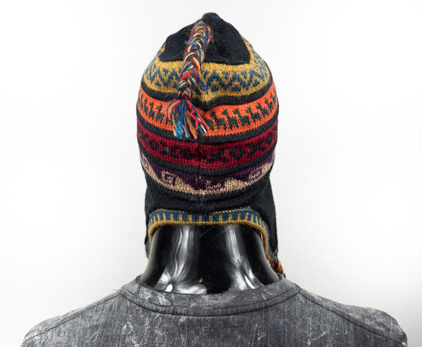 Alpaka Mütze 2in1 (Chullo) schwarz mit diversen farbigen Mustern