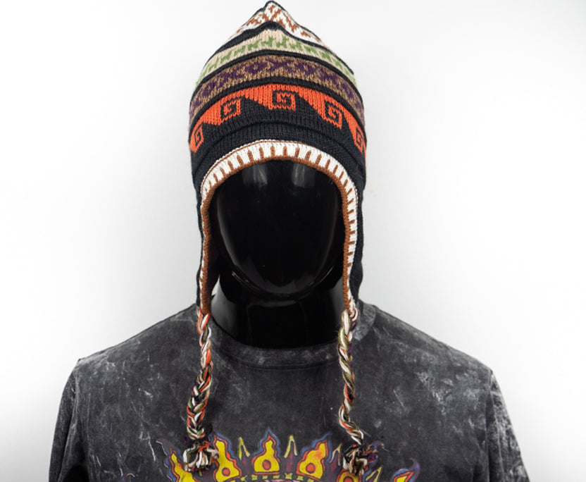 Alpaka Mütze 2in1 (Chullo) schwarz mit diversen farbigen Mustern