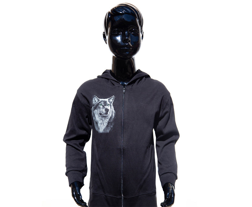 Kinder Zip-Hoodie „Night Wolf“ – Schwarz mit Wolf-Print
