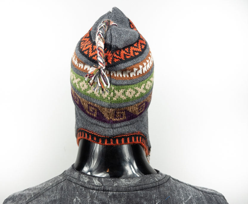 Alpaka Mütze 2in1 (Chullo) Grau mit diversen farbigen Mustern