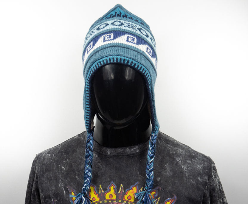 Alpaka Mütze 2in1 (Chullo) Blaugrau mit diversen bläulichen Mustern