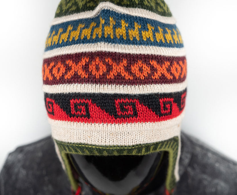 Alpaka Mütze 2in1 (Chullo) Hellbeige mit diversen farbigen Mustern