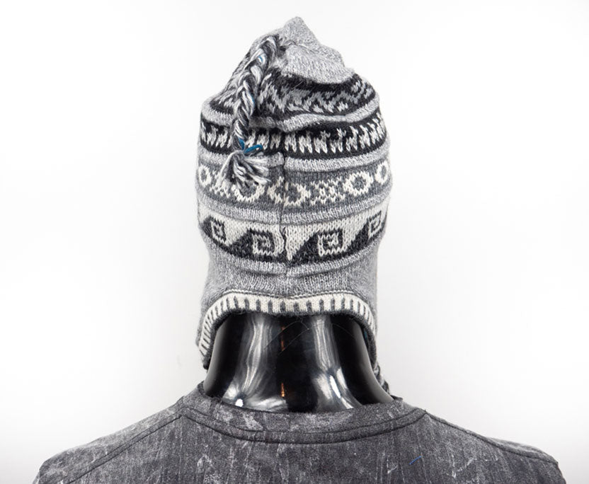 Alpaka Mütze 2in1 (Chullo) Hellgrau marmoriert mit diversen Mustern