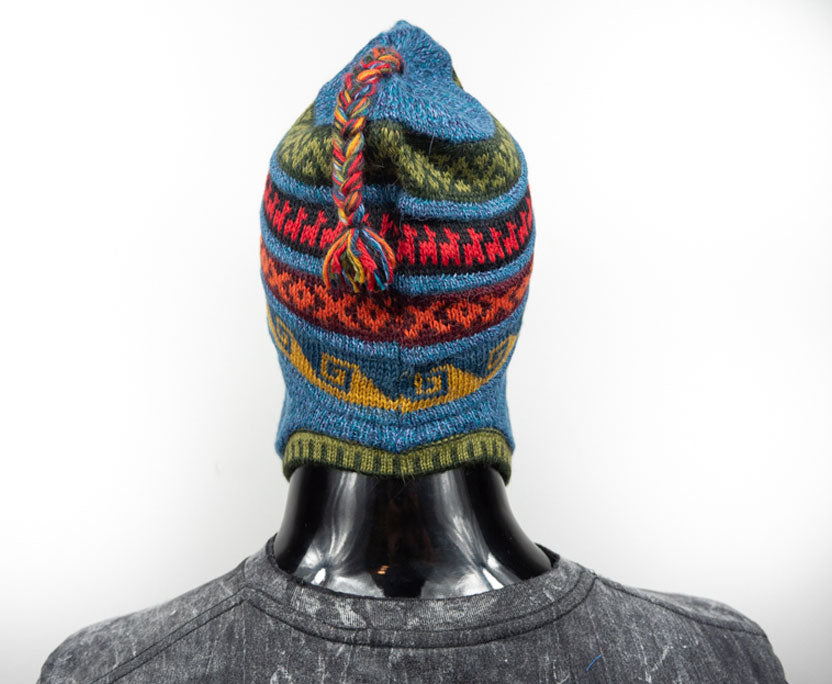 Alpaka Mütze 2in1 (Chullo) Denim Blau marmoriert mit diversen farbigen Mustern