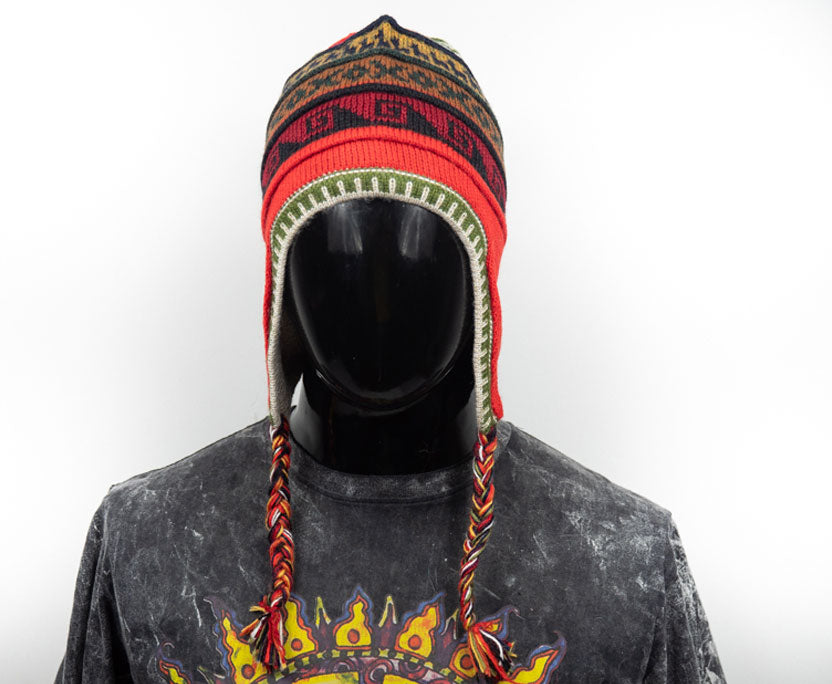 Alpaka Mütze 2in1 (Chullo) Rot mit diversen farbigen Mustern