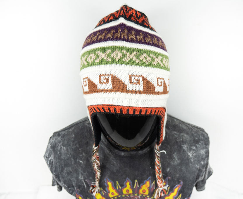 Alpaka Mütze 2in1 (Chullo) Weiß mit diversen farbigen Mustern