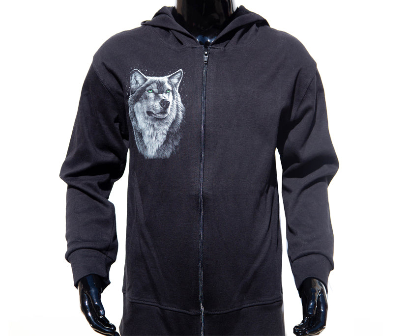 Kinder Zip-Hoodie „Night Wolf“ – Schwarz mit Wolf-Print