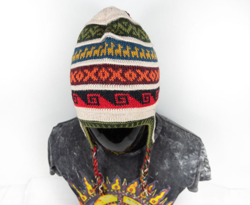 Alpaka Mütze 2in1 (Chullo) Hellbeige mit diversen farbigen Mustern