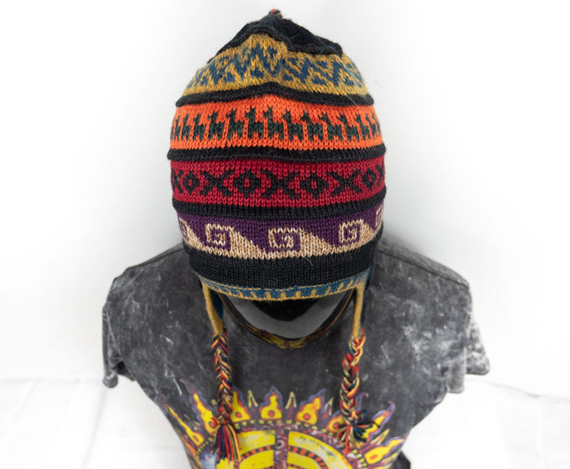 Alpaka Mütze 2in1 (Chullo) schwarz mit diversen farbigen Mustern