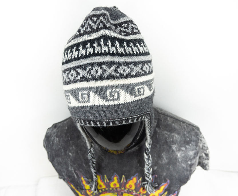 Alpaka Mütze 2in1 (Chullo) Dunkelgrau mit diversen Mustern