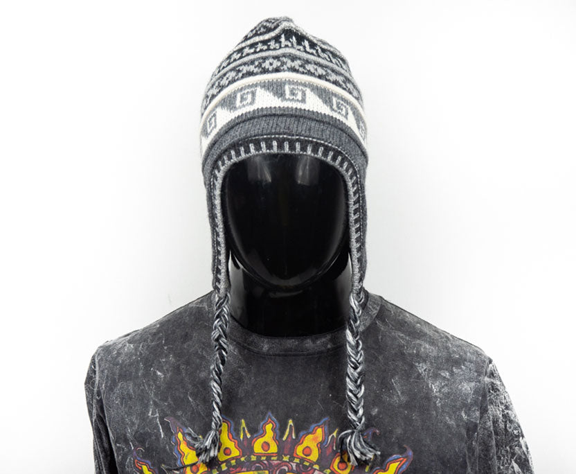 Alpaka Mütze 2in1 (Chullo) Dunkelgrau mit diversen Mustern