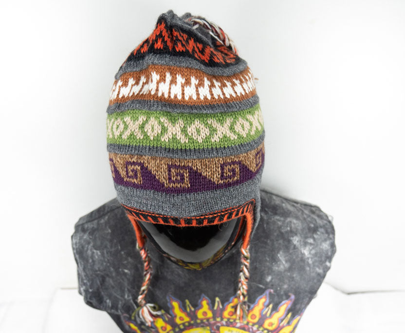 Alpaka Mütze 2in1 (Chullo) Grau mit diversen farbigen Mustern