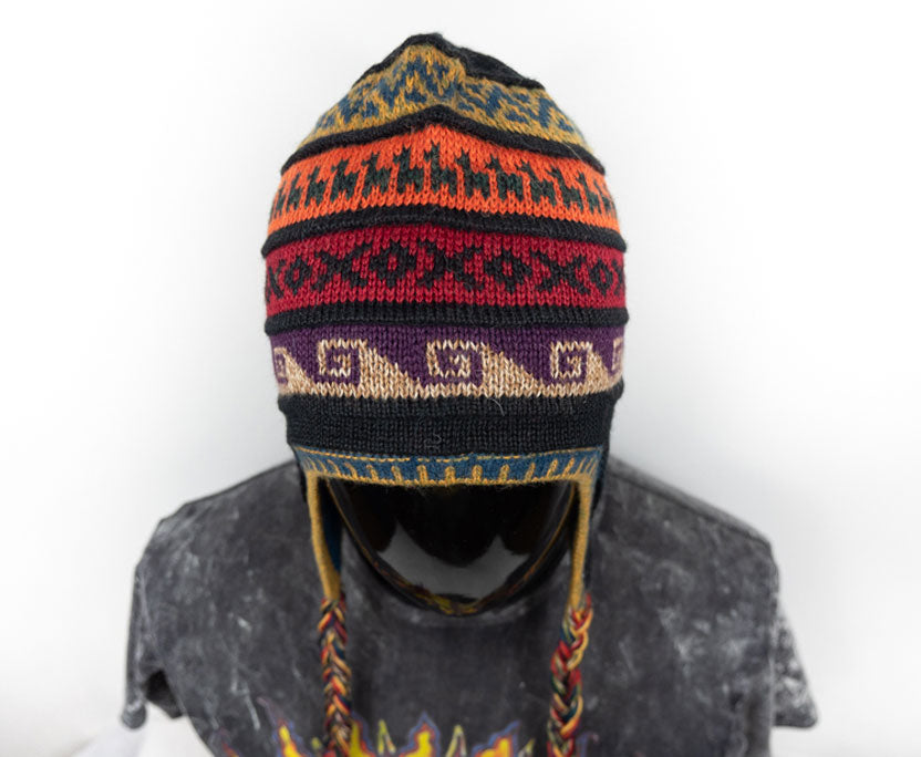 Alpaka Mütze 2in1 (Chullo) schwarz mit diversen farbigen Mustern