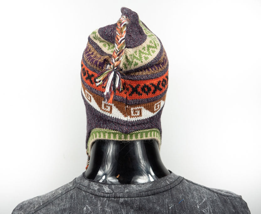 Alpaka Mütze 2in1 (Chullo) gräuliches Lila marmoriert mit diversen Mustern