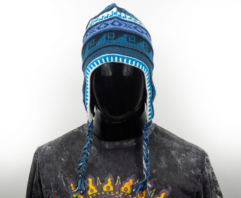 Alpaka Mütze 2in1 (Chullo) Ozeanblau mit diversen farbigen Mustern