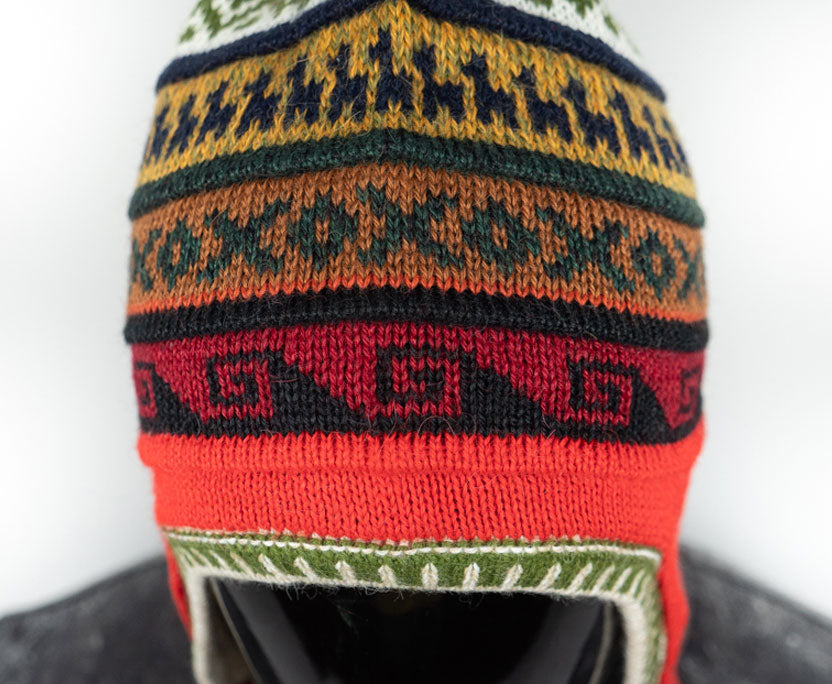 Alpaka Mütze 2in1 (Chullo) Rot mit diversen farbigen Mustern
