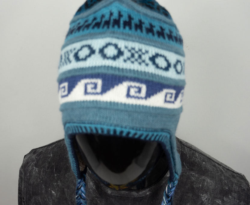 Alpaka Mütze 2in1 (Chullo) Blaugrau mit diversen bläulichen Mustern