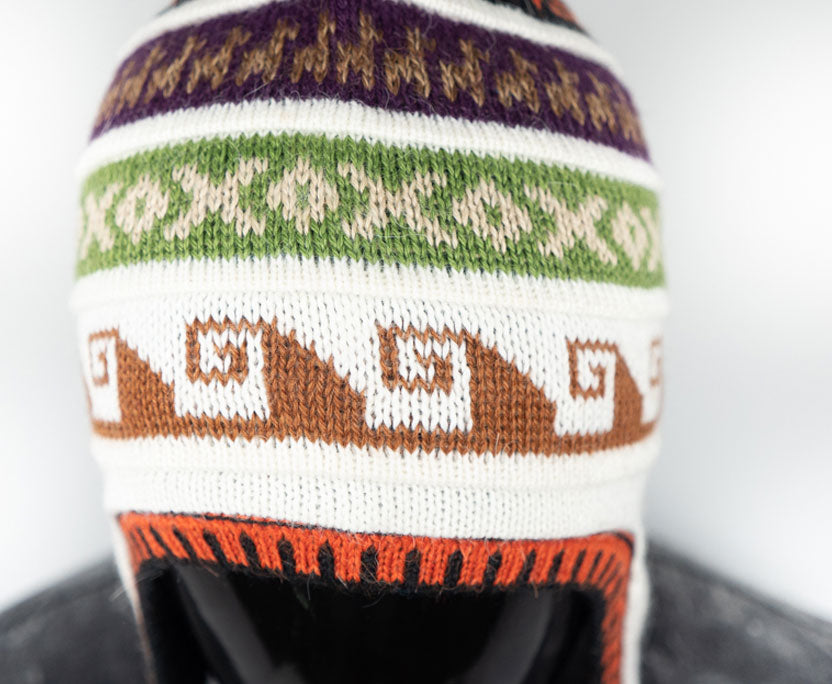 Alpaka Mütze 2in1 (Chullo) Weiß mit diversen farbigen Mustern