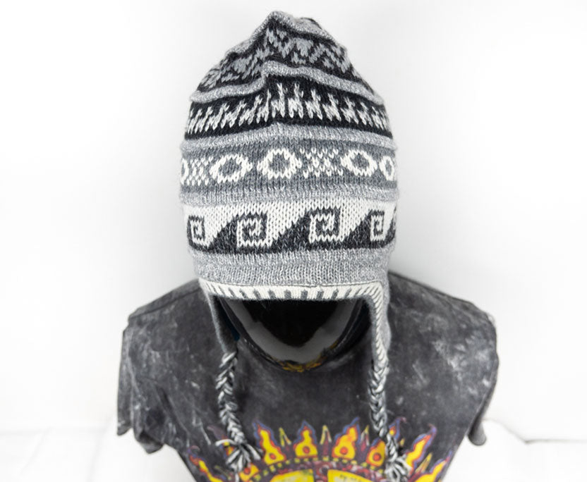 Alpaka Mütze 2in1 (Chullo) Hellgrau marmoriert mit diversen Mustern