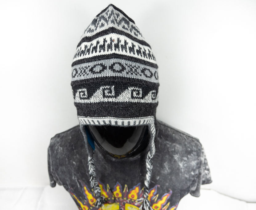 Alpaka Mütze 2in1 (Chullo) Schwarz marmoriert mit diversen Mustern