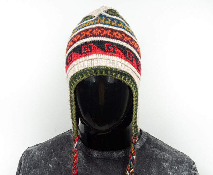 Alpaka Mütze 2in1 (Chullo) Hellbeige mit diversen farbigen Mustern