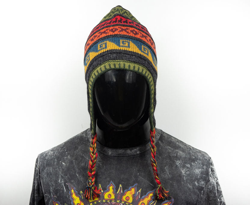 Alpaka Mütze 2in1 (Chullo) Anthrazit mit diversen farbigen Mustern