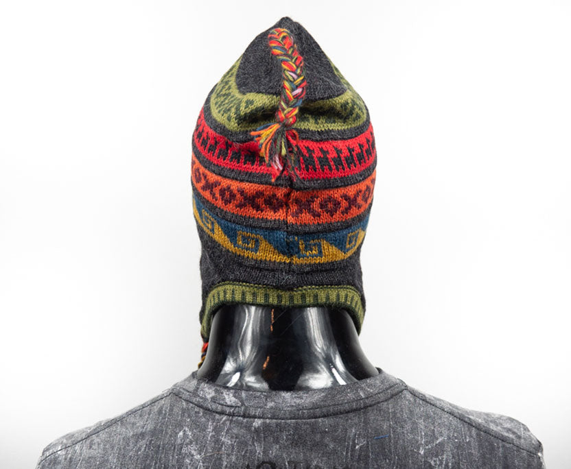 Alpaka Mütze 2in1 (Chullo) Anthrazit mit diversen farbigen Mustern